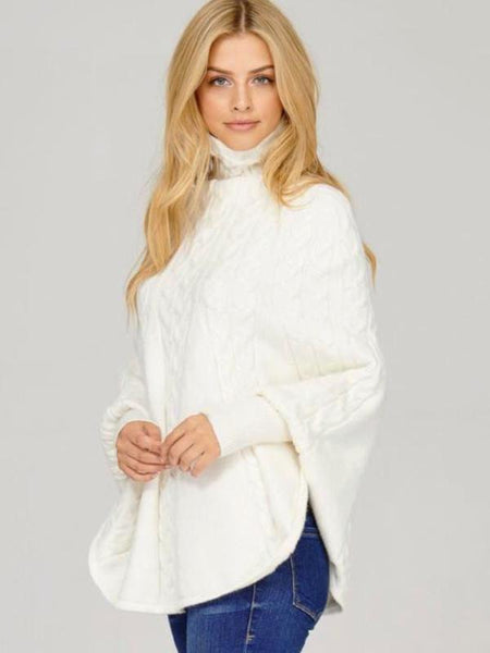 Ivory Cable Knit Mock Neck Poncho - The Pointe Boutique