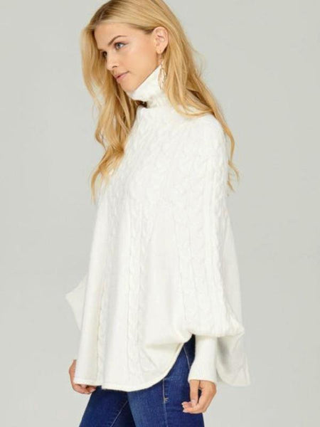 Ivory Cable Knit Mock Neck Poncho - The Pointe Boutique