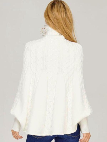 Ivory Cable Knit Mock Neck Poncho - The Pointe Boutique