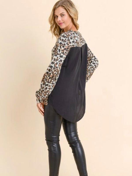 Leopard Bubble Sleeve Sweater With Woven Solid Black Back - The Pointe Boutique