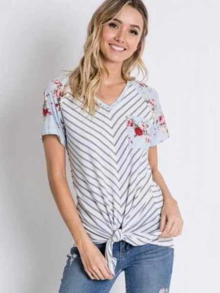 Light Blue Stripe/Floral Contrast Sleeve Tie Hem Top - The Pointe Boutique