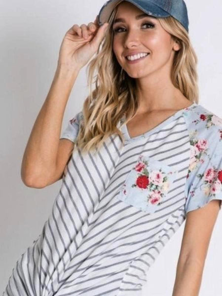 Light Blue Stripe/Floral Contrast Sleeve Tie Hem Top - The Pointe Boutique