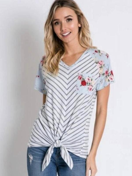 Light Blue Stripe/Floral Contrast Sleeve Tie Hem Top - The Pointe Boutique