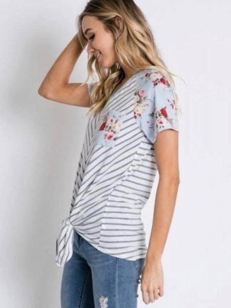Light Blue Stripe/Floral Contrast Sleeve Tie Hem Top - The Pointe Boutique