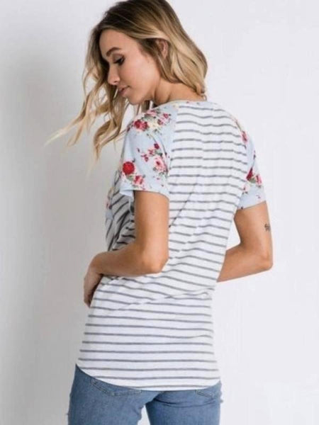 Light Blue Stripe/Floral Contrast Sleeve Tie Hem Top - The Pointe Boutique