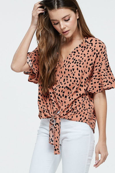Light Rust Animal Print Self Tie Top - The Pointe Boutique
