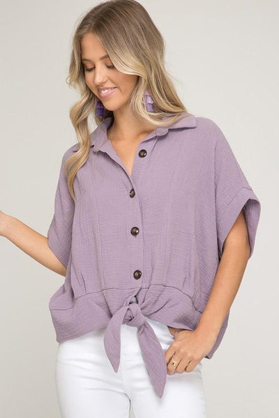 Lilac Half Sleeve Button DownTop With Front Tie - The Pointe Boutique
