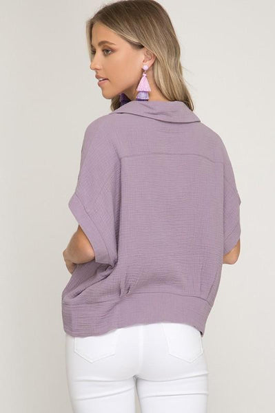 Lilac Half Sleeve Button DownTop With Front Tie - The Pointe Boutique