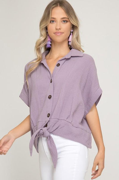Lilac Half Sleeve Button DownTop With Front Tie - The Pointe Boutique