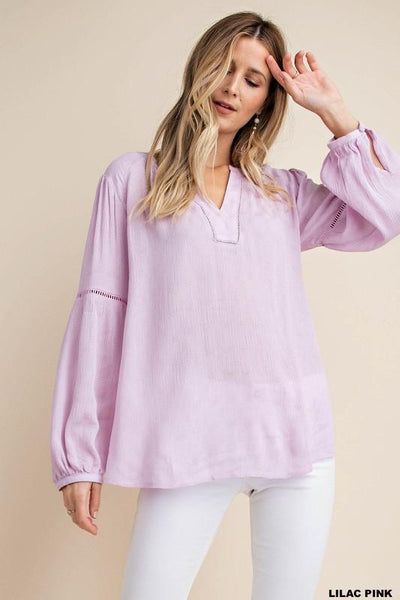 Lilac Pink Lace Trim Inserted Textured Fabric Blouse - The Pointe Boutique