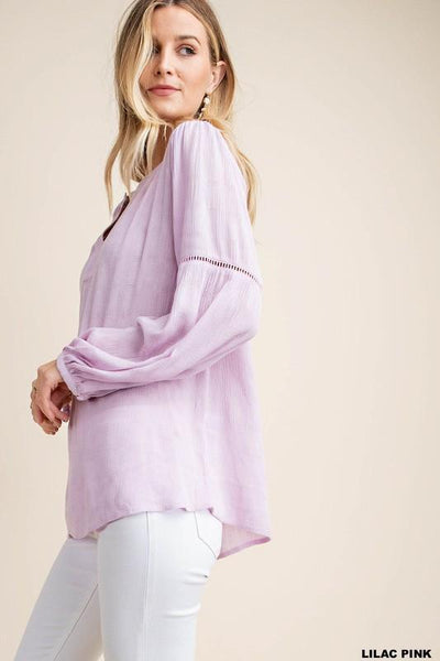Lilac Pink Lace Trim Inserted Textured Fabric Blouse - The Pointe Boutique