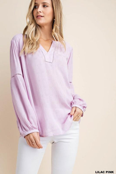 Lilac Pink Lace Trim Inserted Textured Fabric Blouse - The Pointe Boutique