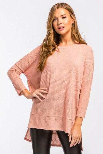Mauve Boxy Fit, Round Neck, Long Sleeve Hi - Low Top - The Pointe Boutique