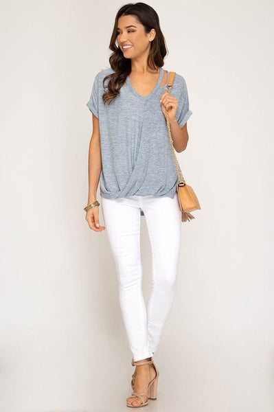 Misty Blue Short Sleeve Surpliced Knit Top - The Pointe Boutique