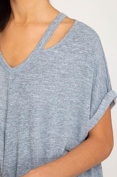 Misty Blue Short Sleeve Surpliced Knit Top - The Pointe Boutique