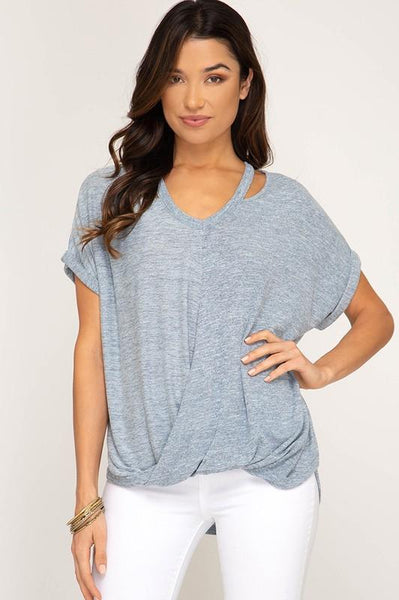 Misty Blue Short Sleeve Surpliced Knit Top - The Pointe Boutique