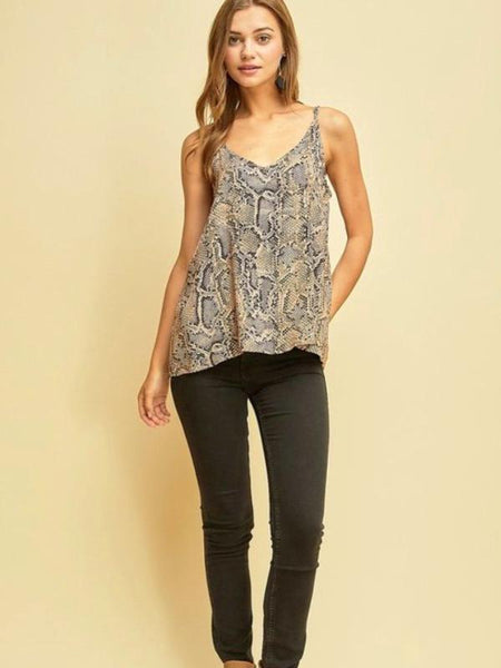 Mocha Reptile Print V - Neck Cami Top - The Pointe Boutique