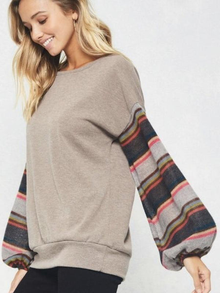 Mocha Striped Puff Long Sleeves Top - The Pointe Boutique