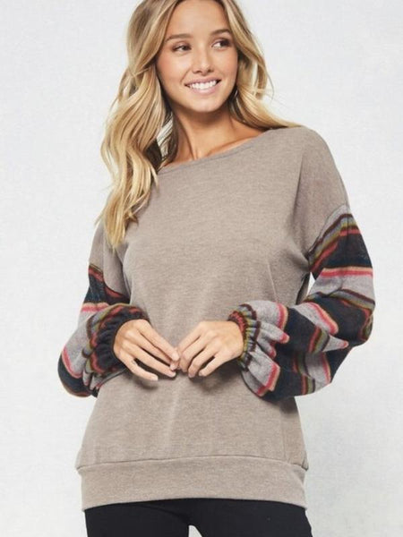 Mocha Striped Puff Long Sleeves Top - The Pointe Boutique
