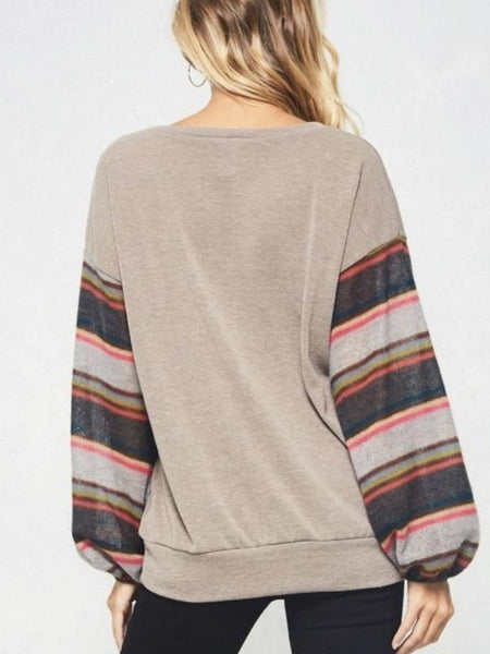 Mocha Striped Puff Long Sleeves Top - The Pointe Boutique