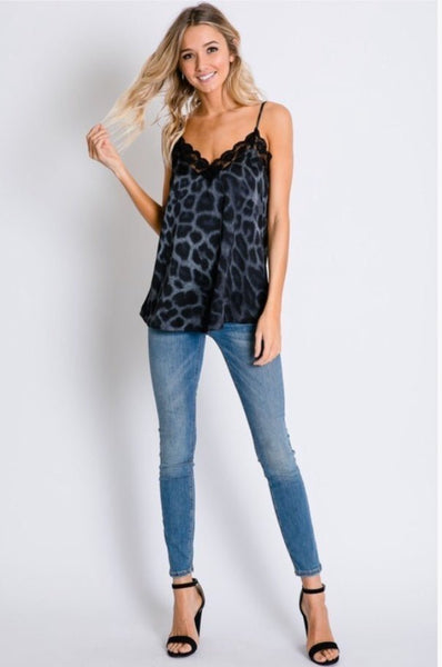 Navy Leopard Pring Laced Cami Top - The Pointe Boutique