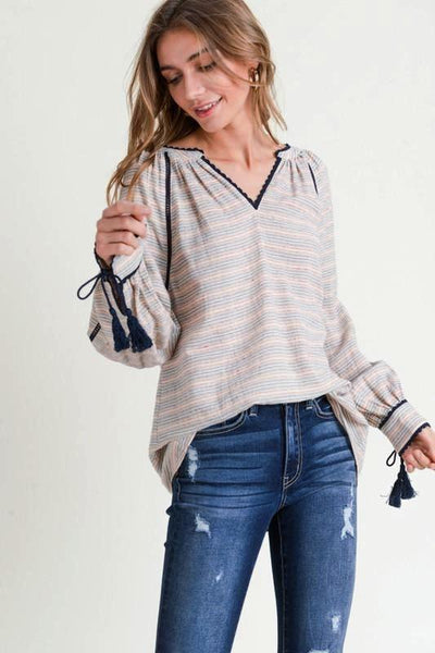 NAVY STRIPED V - NECK BLOUSE W/TASSEL CUFFS - The Pointe Boutique