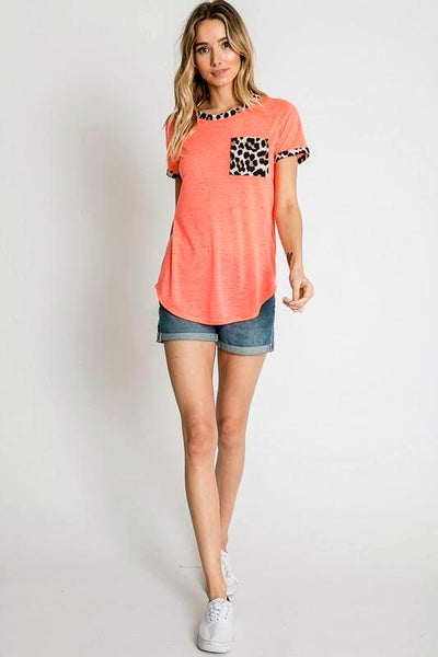 Neon Coral Animal Print Pocket Top - The Pointe Boutique