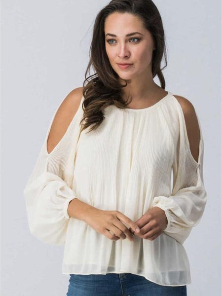 Off White Cold Shoulder Flare Ciffon Top - The Pointe Boutique