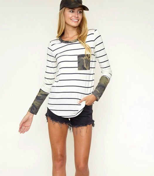 Off White Long Sleeve Camo/Stripe Pocket T-Shirt - The Pointe Boutique