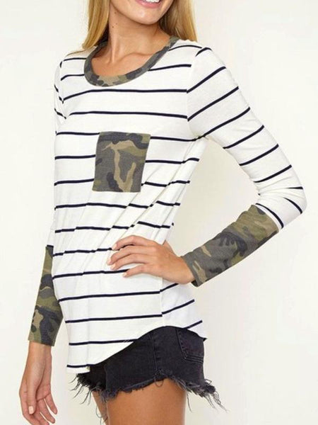 Off White Long Sleeve Camo/Stripe Pocket T-Shirt - The Pointe Boutique
