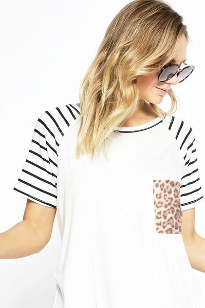 OFF WHITE SHORT SLEEVE STRIPE RAGLAN KNIT TOP - The Pointe Boutique