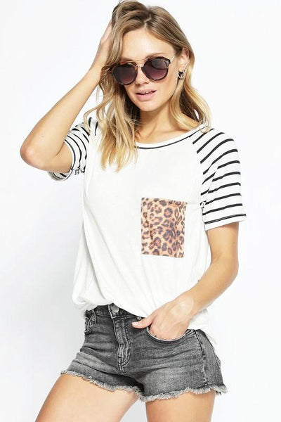 OFF WHITE SHORT SLEEVE STRIPE RAGLAN KNIT TOP - The Pointe Boutique
