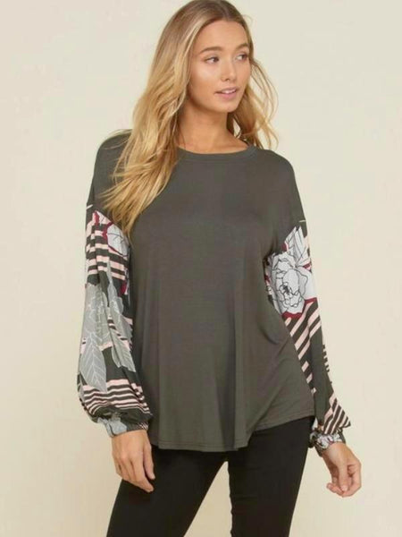 Olive Solid Knit Top With Floral Print Bubble Long Sleeve - The Pointe Boutique
