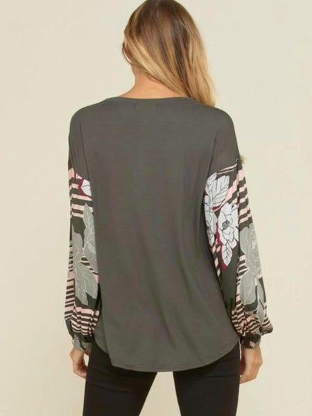 Olive Solid Knit Top With Floral Print Bubble Long Sleeve - The Pointe Boutique