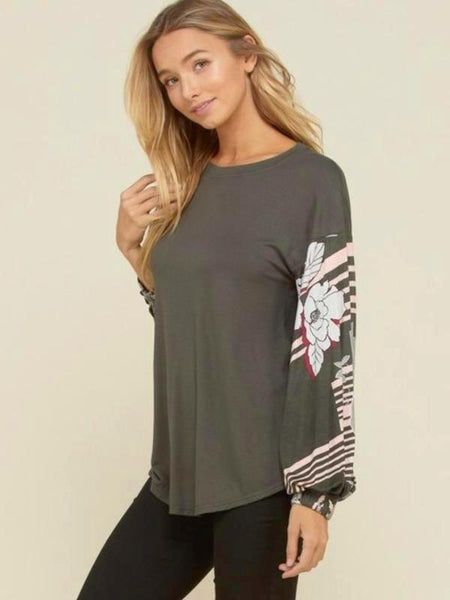 Olive Solid Knit Top With Floral Print Bubble Long Sleeve - The Pointe Boutique