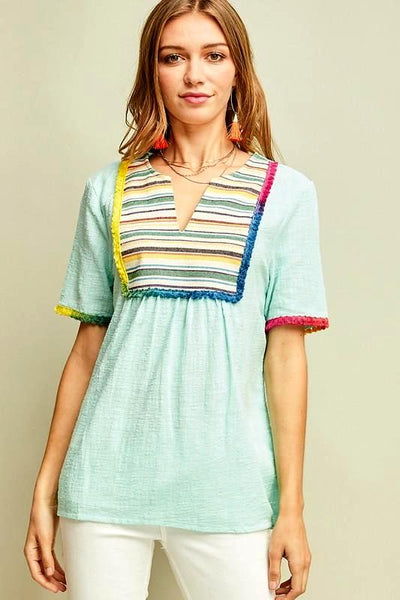 Peasant Embroidered Top With Colorful Stripe Bib Design - The Pointe Boutique