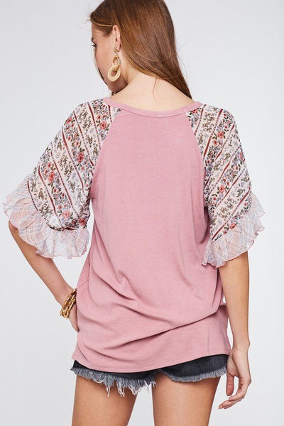 Pink Bell Sleeve Contrast Top - The Pointe Boutique