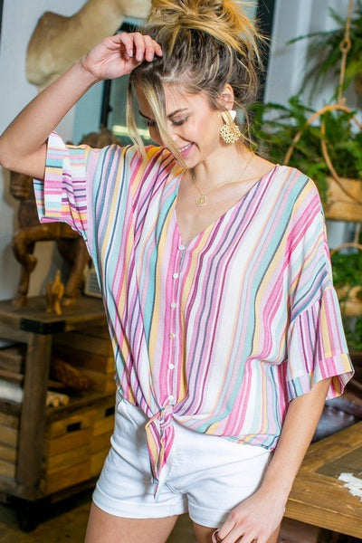 Pink Multi Color Stripe Button Down Top - The Pointe Boutique