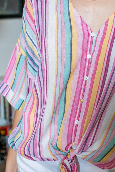 Pink Multi Color Stripe Button Down Top - The Pointe Boutique