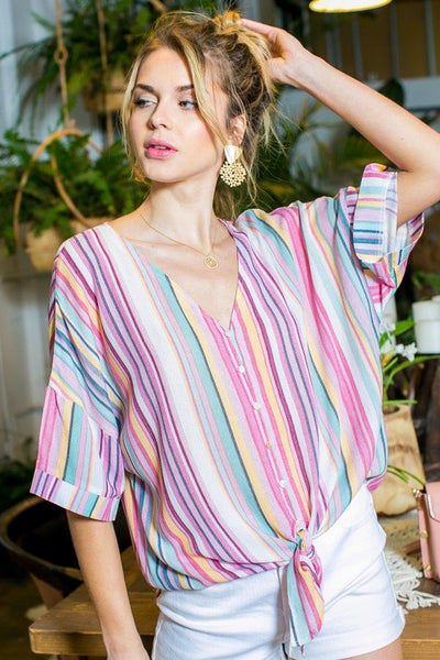 Pink Multi Color Stripe Button Down Top - The Pointe Boutique