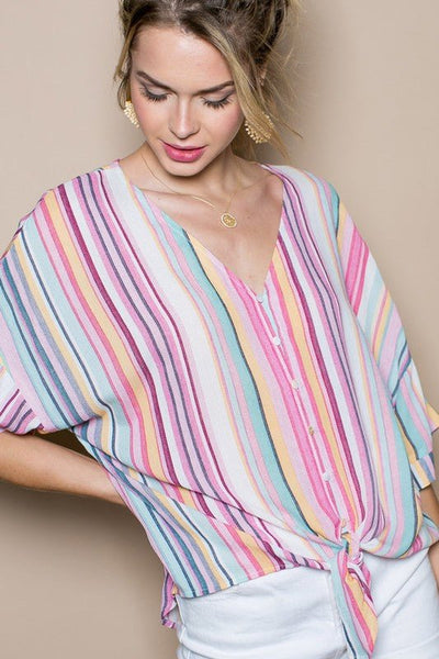 Pink Multi Color Stripe Button Down Top - The Pointe Boutique
