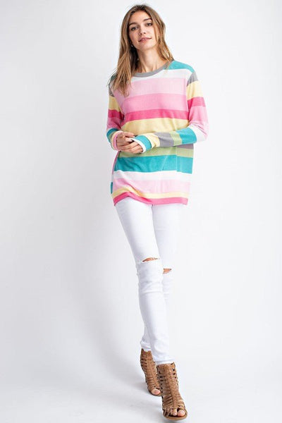 Pink/Teal Multi Color Stripe Long Sleeve Top - The Pointe Boutique