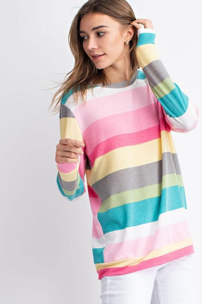 Pink/Teal Multi Color Stripe Long Sleeve Top - The Pointe Boutique