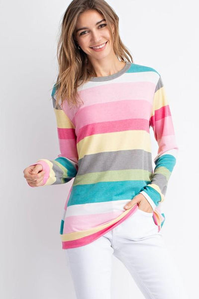 Pink/Teal Multi Color Stripe Long Sleeve Top - The Pointe Boutique