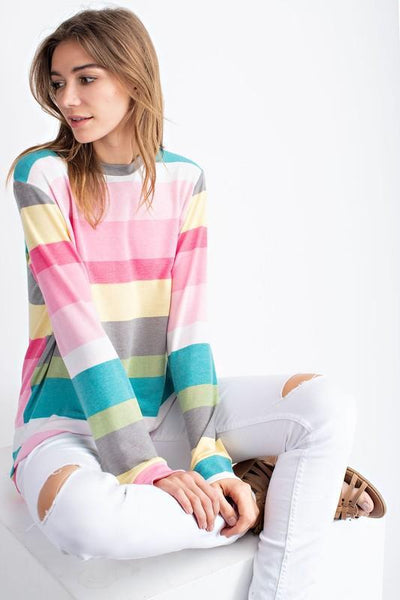 Pink/Teal Multi Color Stripe Long Sleeve Top - The Pointe Boutique