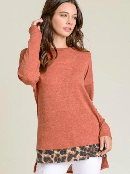 Rust Long Sleeve Brushed Hacci Leopard Top with Round Neckline - The Pointe Boutique