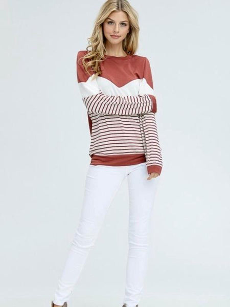 Rust Long Sleeve Solid Knit Top Featuring Chevron Striped Design - The Pointe Boutique