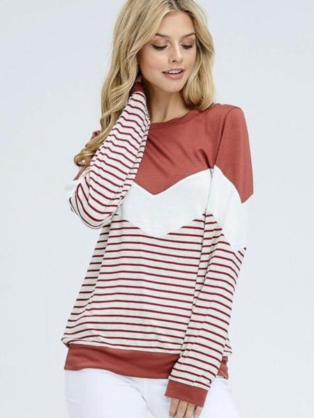 Rust Long Sleeve Solid Knit Top Featuring Chevron Striped Design - The Pointe Boutique