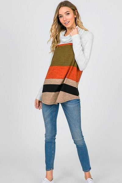 Rust Multi Color Block Turtle Neck Long Sleeve Top - The Pointe Boutique