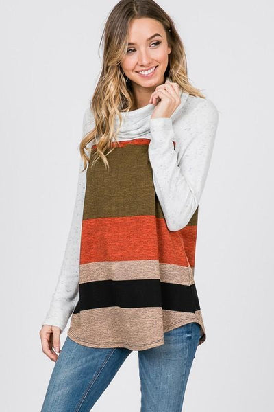 Rust Multi Color Block Turtle Neck Long Sleeve Top - The Pointe Boutique